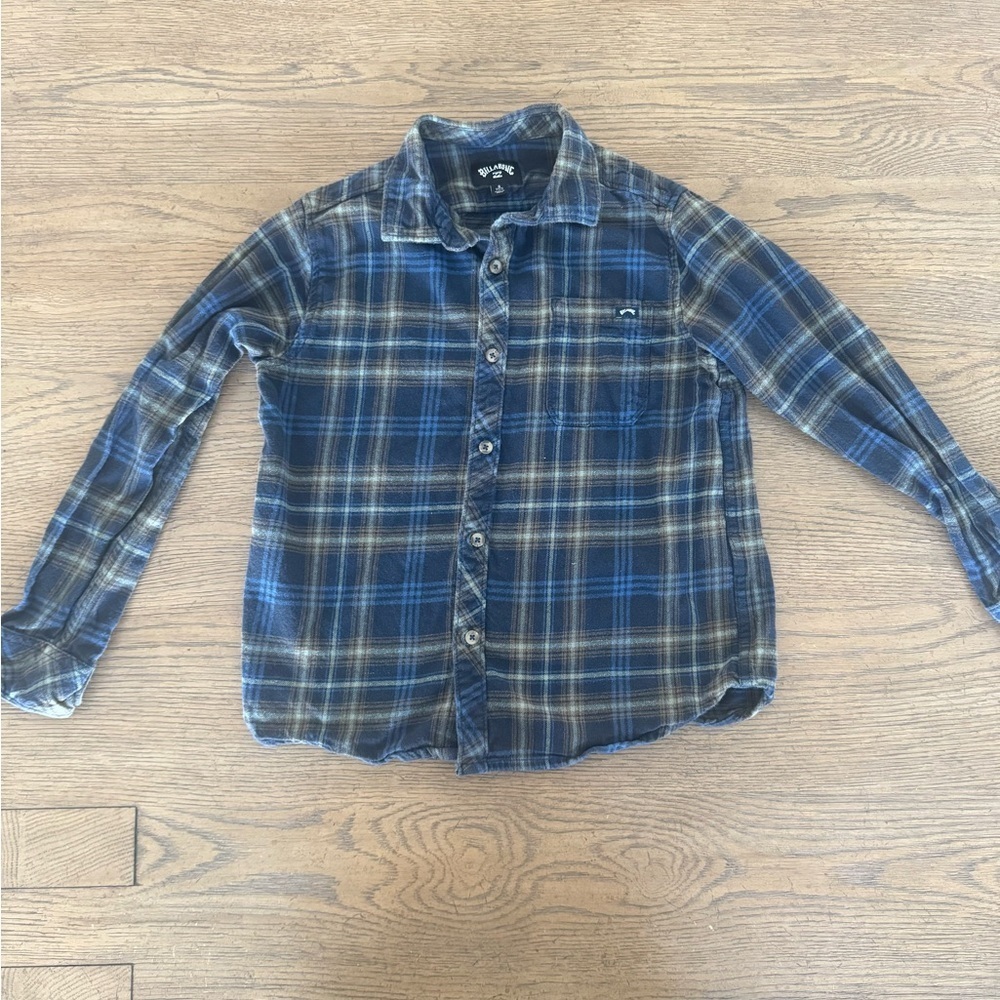 Billabong Plaid Flannel Shirt Blue Green Button Up Small Kids Y2K Skate surf